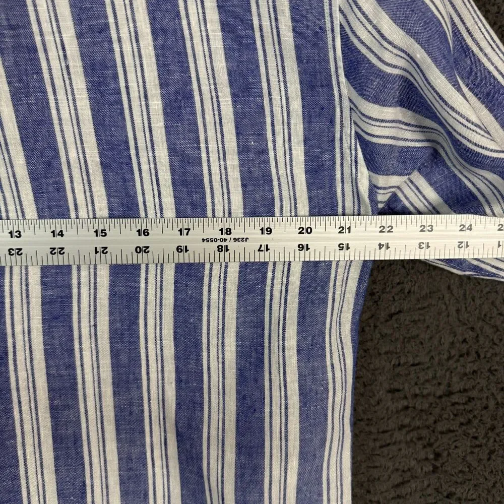 J Crew Shirt Mens Medium 100% Linen Blue Striped Slim Fit Lightweight Preppy